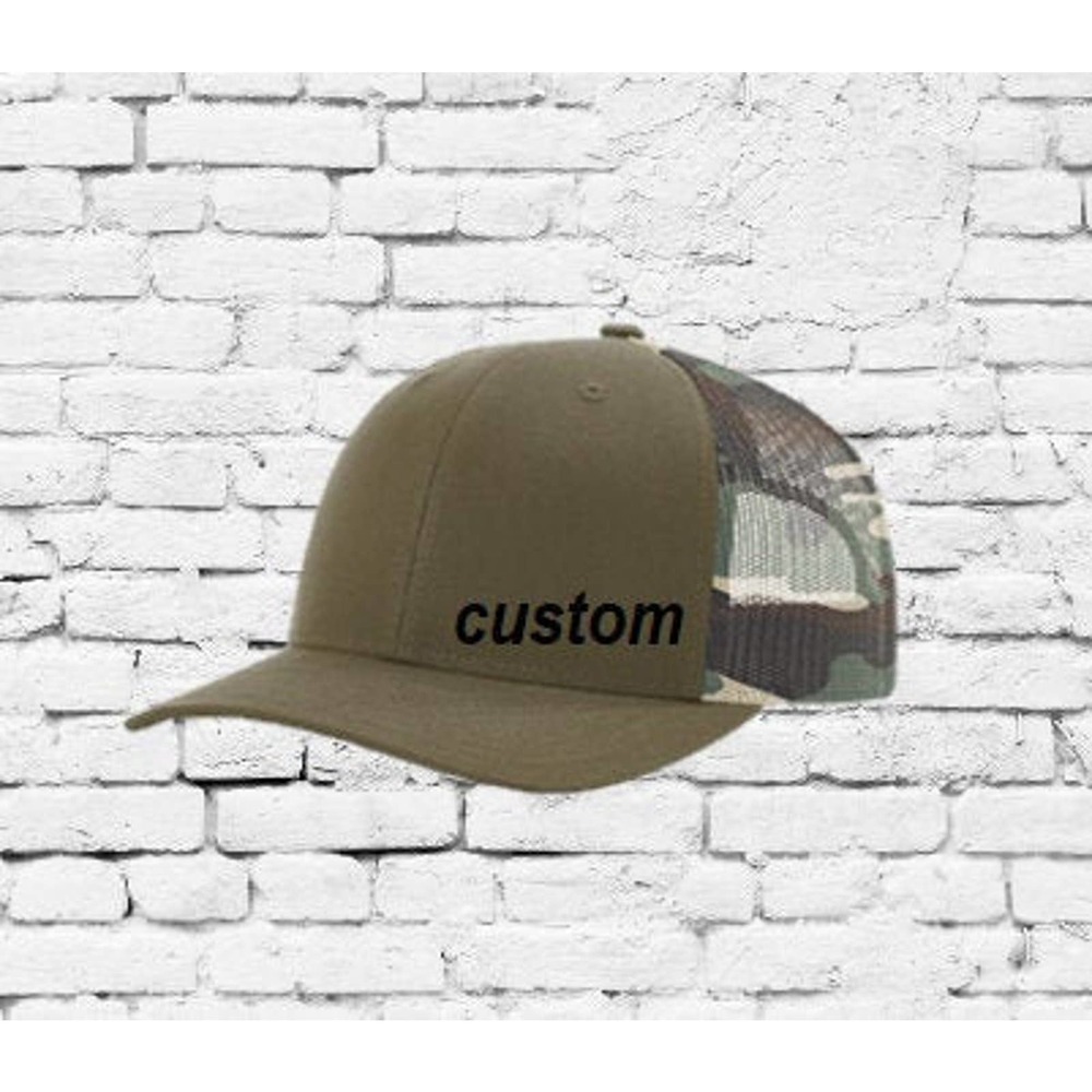 Custom Embroidery Trucker Hat Olive Green Loden and Camo Mesh Richardson 112